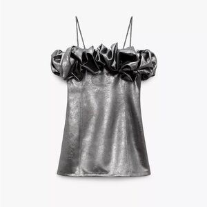 Zara Silver Ruffled Spaghetti Strap Mini Dress